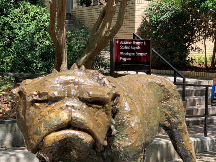 Bronze bulldog statue outside of Memorial Hall at the University of Georgia
